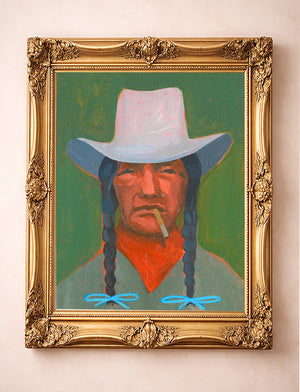 Smoking Cowboy Cat Smoking Whiskey Gold Collar Texas Western shown framed by Crum Art