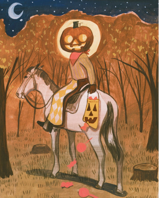 Jack-O-Lantern Cowboy, original gouache painting by Caya Crum — pumpkin-headed cowboy on a gray horse with a trick-or-treat bag, 8 x 10 inches