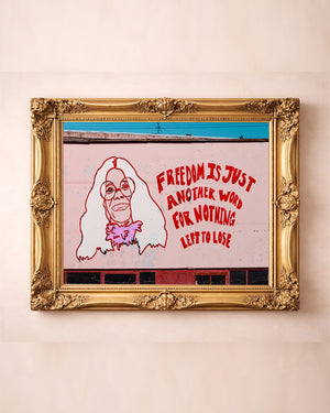 Janis Joplin mural art print by Caya Crum in a gold frame, rock and roll wall art