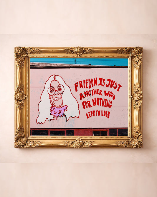 Janis Joplin mural art print by Caya Crum in a gold frame, rock and roll wall art