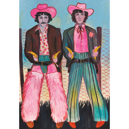 Banana Bandits original painting by Caya Crum — two cowboys holding bananas, 36 x 48 inches