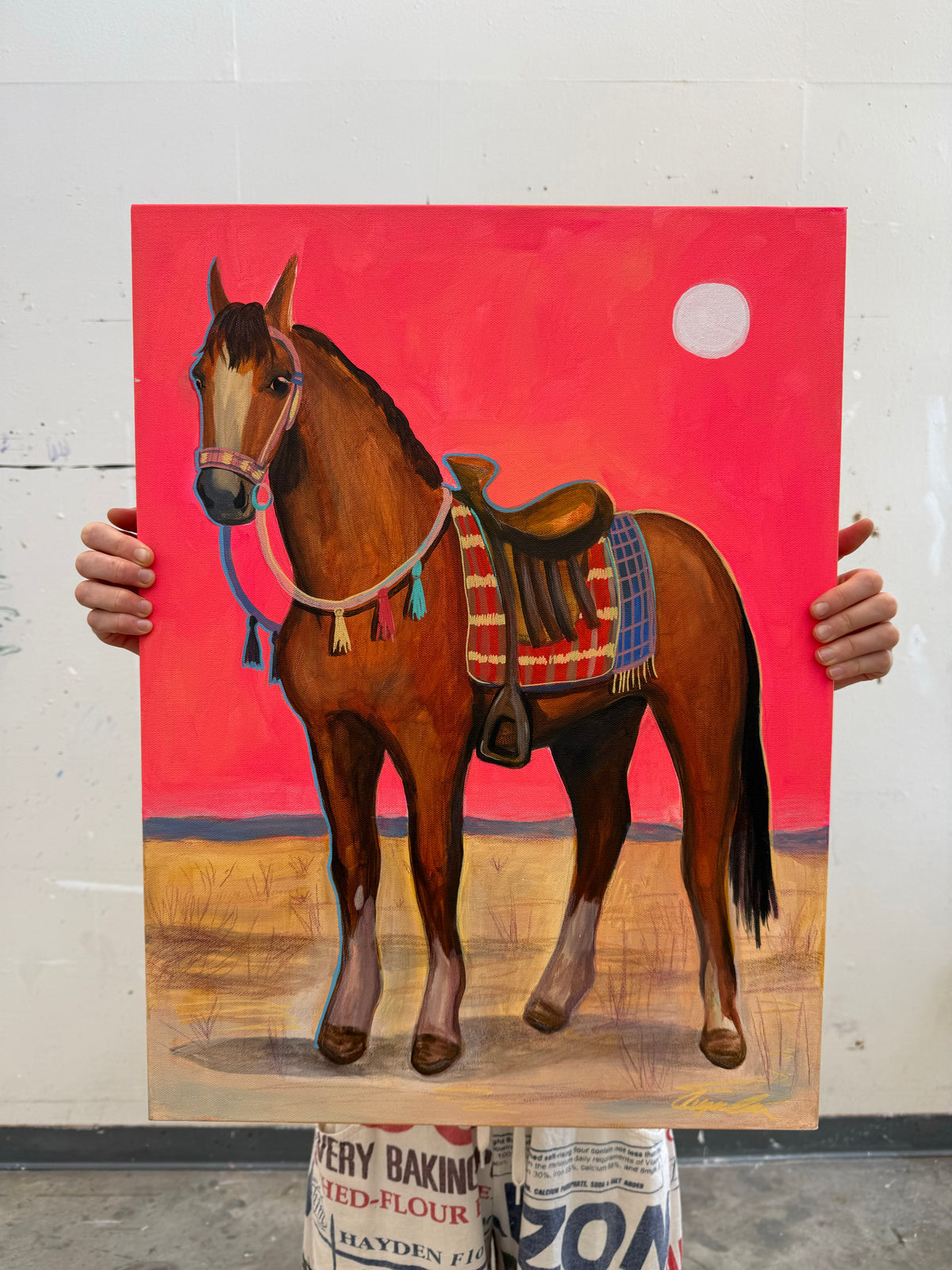 Portrait of Biscuit original painting by Caya Crum — saddled bay pony under a pink sky, 20 x 24 inches