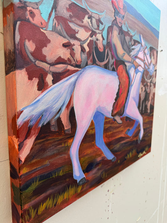 Cattle Herder detail — pastel brushwork and the herd