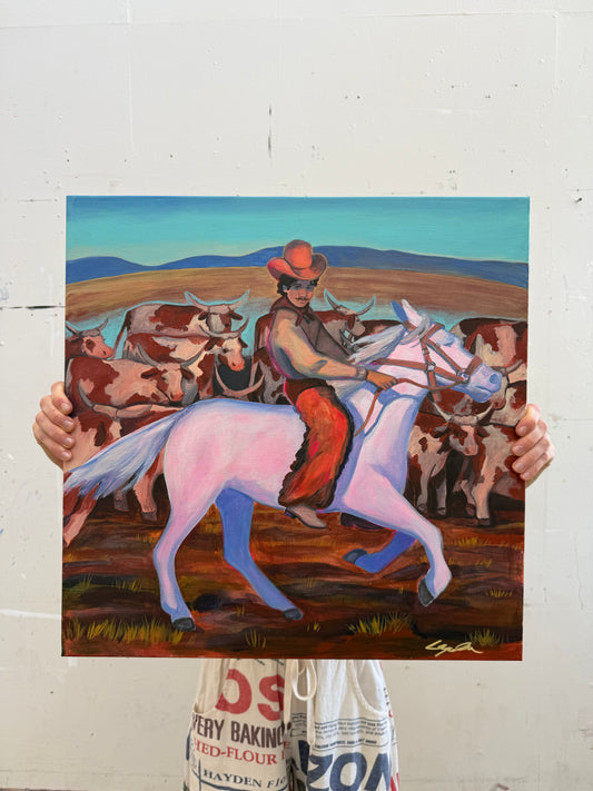 Cattle Herder original painting by Caya Crum — cowboy on a pale horse leading longhorns, 20 x 20 inches