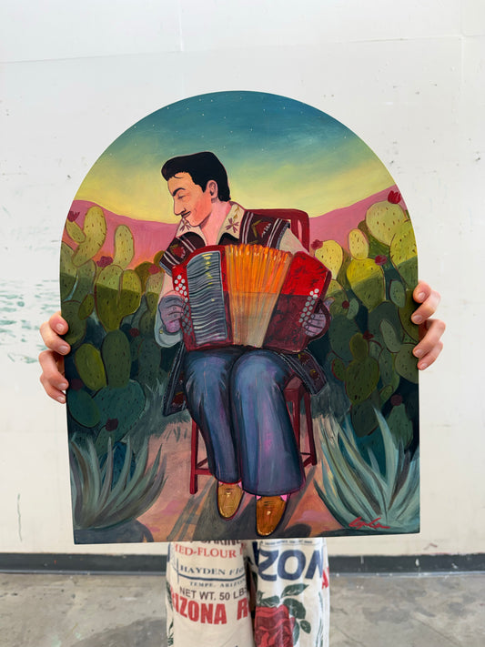 Hey Baby Que Paso original painting by Caya Crum — Flaco Jimenez playing accordion in a cactus field, 16 x 20 inches