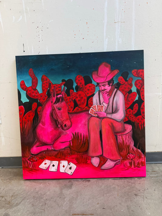 Four of a Kind original painting by Caya Crum — cowboy with pink horse and four aces, 36 x 36 inches
