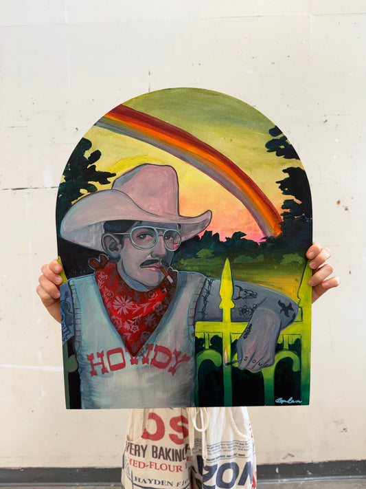 Howdy Rowdy original painting by Caya Crum — tattooed cowboy in a pink hat under a rainbow, 16 x 20 inches