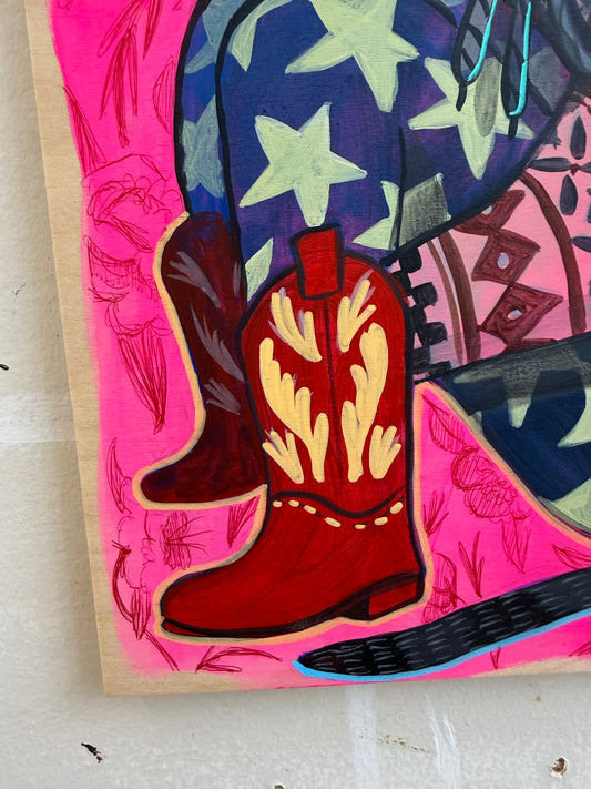 Rosie detail — red boots and patterned blanket