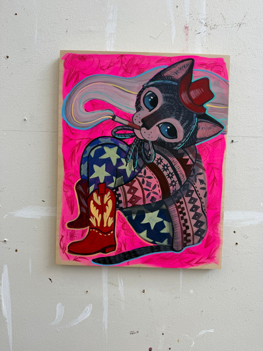 Rosie original painting by Caya Crum — cat in red boots and starry leggings smoking a cigarette, 11 x 14 inches