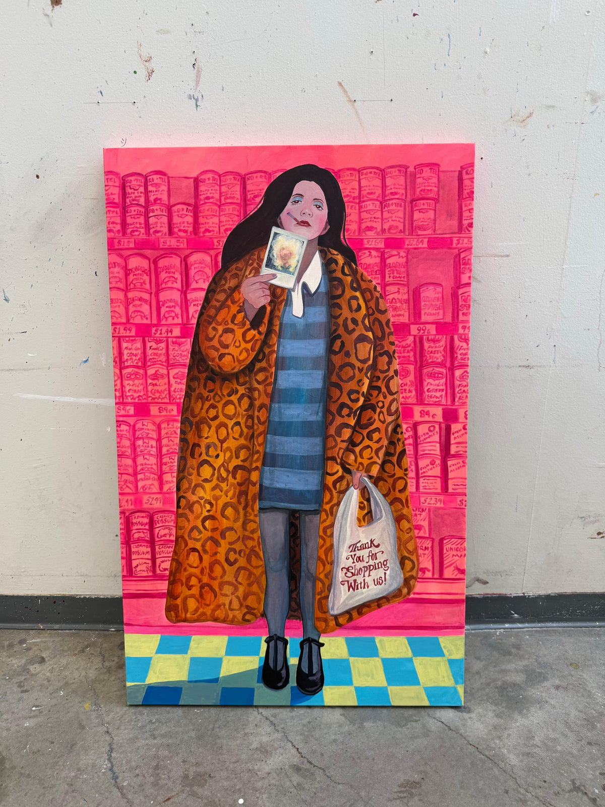 Thank You For Shopping original painting by Caya Crum — figure in leopard-print coat in a grocery aisle, 30 x 48 inches
