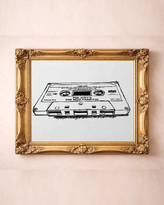 The Judy's Moo cassette Texas music pop art print by Betsy Crum in a gold frame