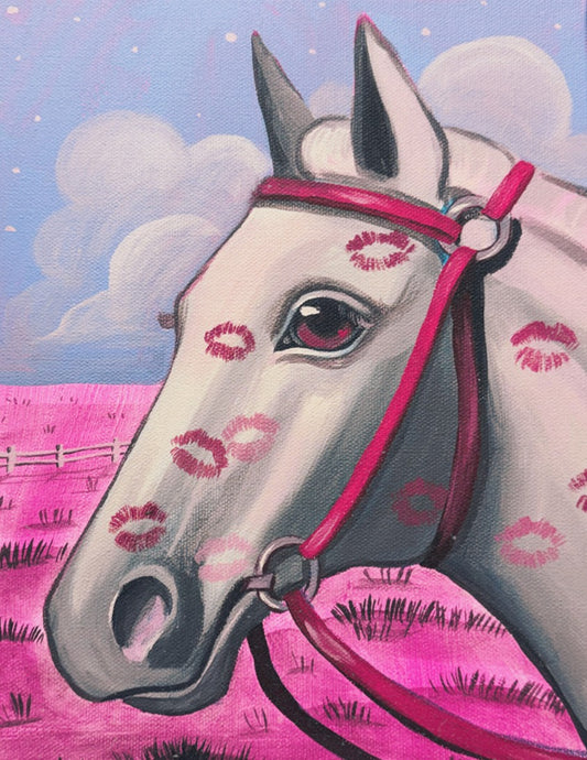 Kissy Face, original painting by Caya Crum — white horse covered in lipstick kisses in a pink pasture (sold)