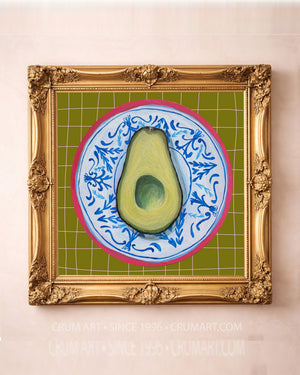 Avocado on a chinoiserie plate art print by Caya Crum in a gold frame — kitchen wall art