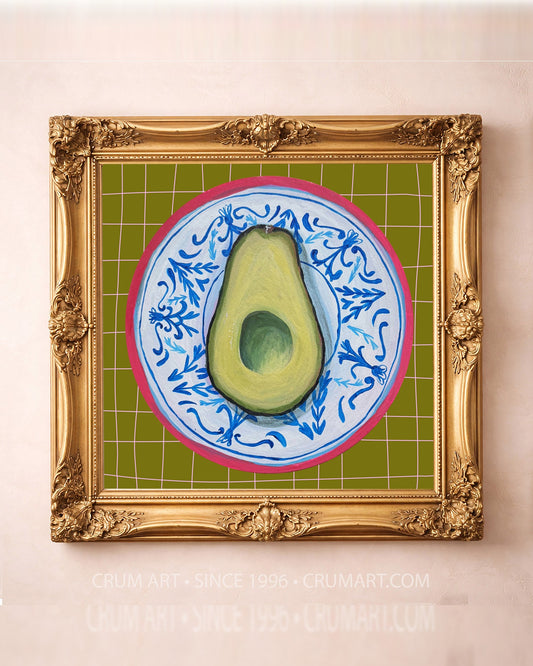Avocado on a chinoiserie plate art print by Caya Crum in a gold frame — kitchen wall art