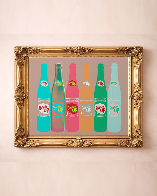 Bubble Up Soda kitchen art print by Betsy Crum — in a gold frame