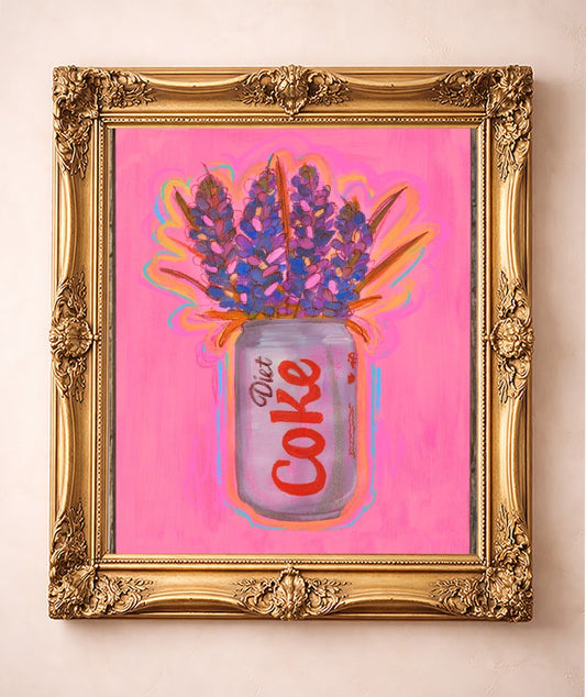 Diet Coke & Bluebonnets — art print by Caya Crum in a gold frame