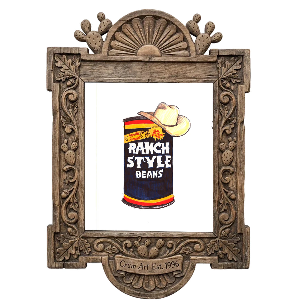 Ranch Style Beans Sketchbook by Caya Crum in a carved wood frame