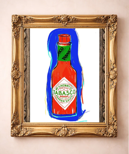 Tabasco Bottle Print — art print by Betsy Crum in a gold frame