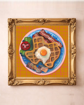 Texas Breakfast Waffle art print in a square gold frame — a Texas-shaped waffle with bacon