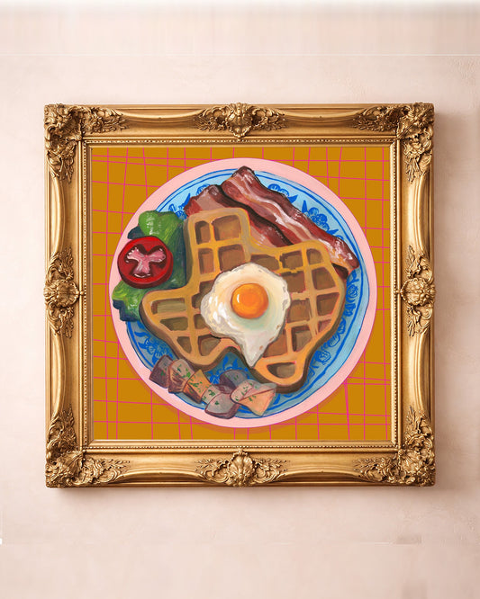 Texas Breakfast Waffle art print in a square gold frame — a Texas-shaped waffle with bacon