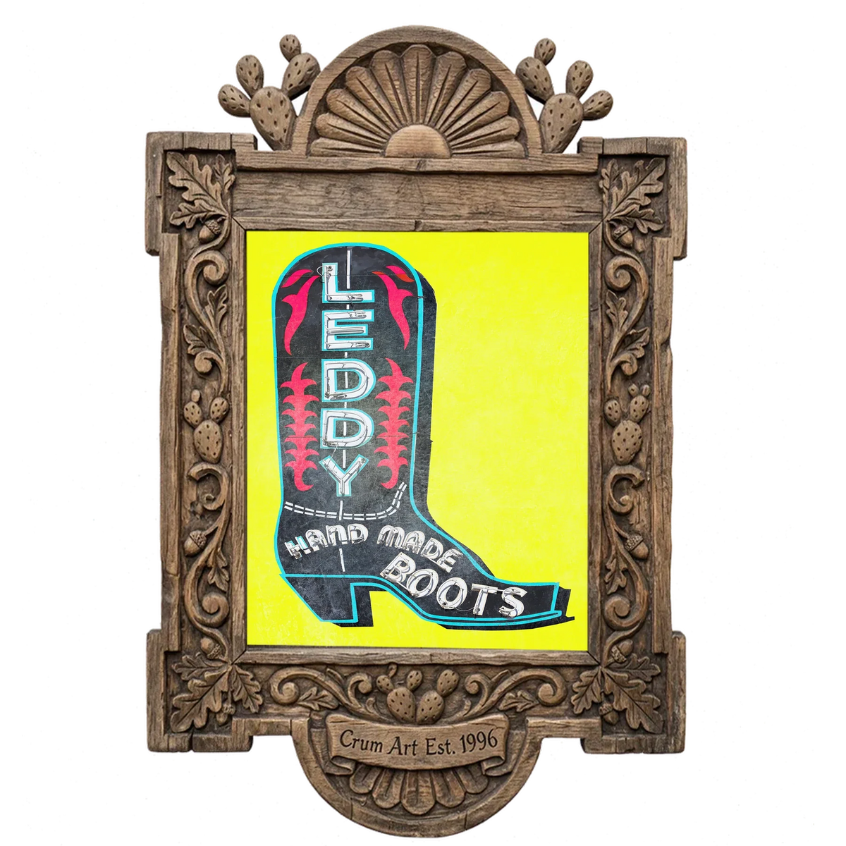 Leddy Boot Yellow — cowboy boot art print by Betsy Crum in a carved wood frame