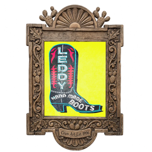 Leddy Boot Yellow — cowboy boot art print by Betsy Crum in a carved wood frame
