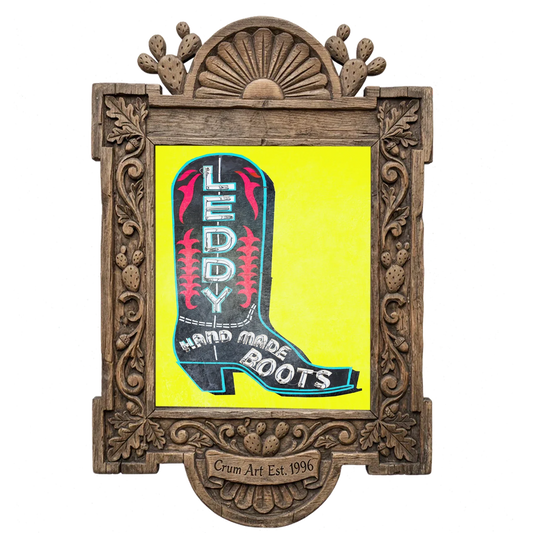 Leddy Boot Yellow — cowboy boot art print by Betsy Crum in a carved wood frame