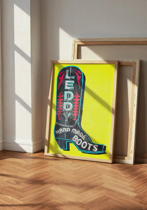 Leddy Boot Yellow cowboy boot art print by Betsy Crum — neutral frame room mockup