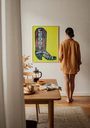 Leddy Boot Yellow cowboy boot art print by Betsy Crum — framed with velvet mat