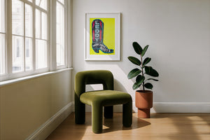 Leddy Boot Yellow cowboy boot art print by Betsy Crum — framed with velvet mat