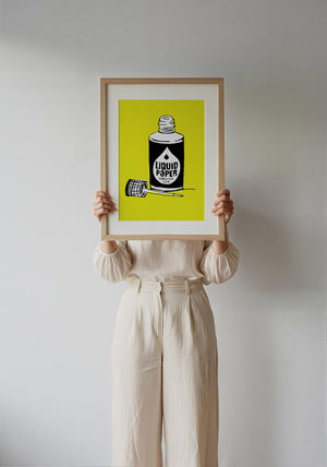 Liquid Paper office wall art print by Betsy Crum — framed with velvet mat