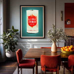 Lone Star beer can art print by Betsy Crum framed in a dining room, Texas bar wall art