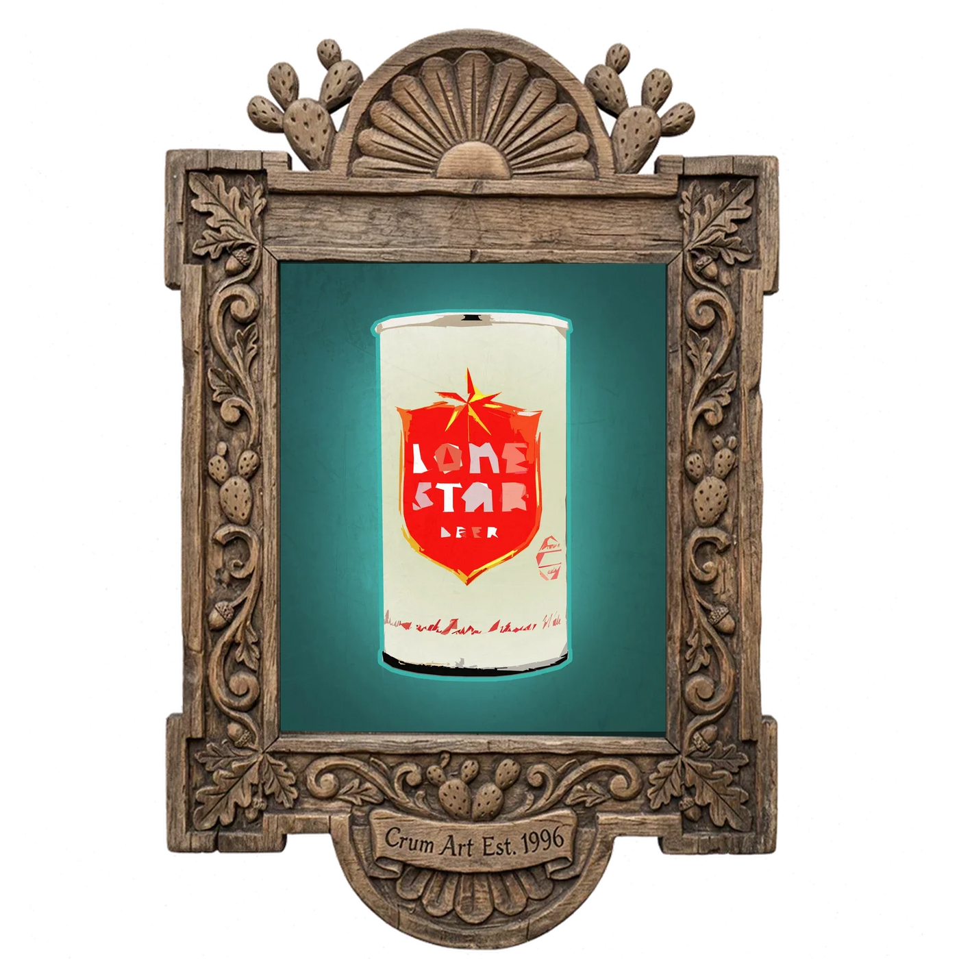 Lone Star Can — bar art print by Betsy Crum in a carved wood frame