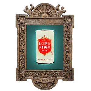 Lone Star Can — bar art print by Betsy Crum in a carved wood frame