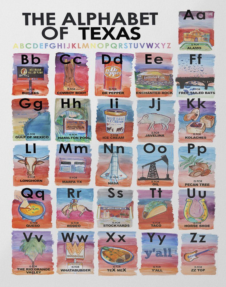 Texas Alphabet Print watercolor art featuring iconic Texas symbols and landmarks from A to Z with colorful illustrations