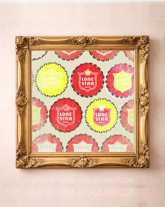 Lone Star Bottlecap Print art print in a gold frame by Betsy Crum — square bar wall art from Crum Art, available at crumart.com. This museum quality print is made right here in Texas.