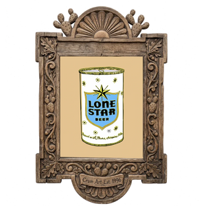 Lone Star Label Sketch — Texas beer art print by Betsy Crum in a carved wood frame