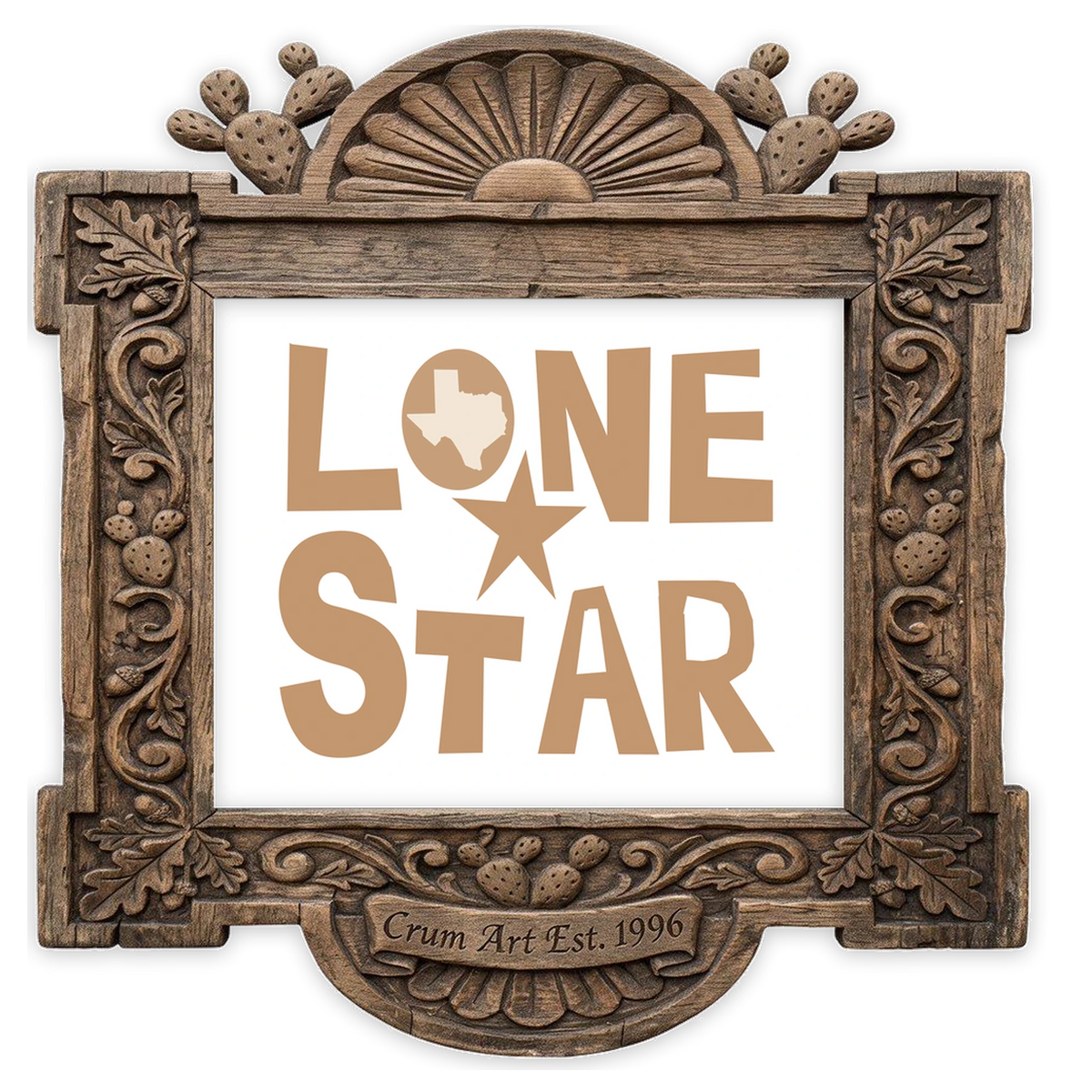 Lone Star Texas Type — typography art print by Betsy Crum in a horizontal carved wood frame