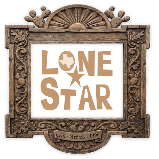 Lone Star Texas Type — typography art print by Betsy Crum in a horizontal carved wood frame