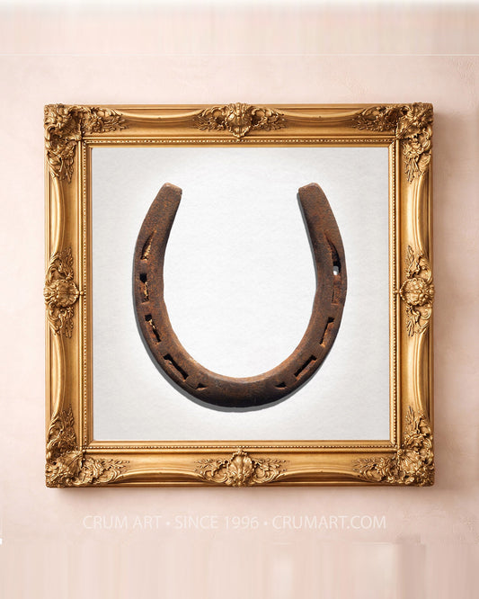 Lucky Horseshoe on White — square horseshoe print by Carl Crum in a gold frame