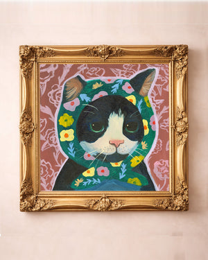 Cute cat art print by Caya Crum, Little Mama tuxedo cat in a floral headscarf, cottagecore cat wall art, hand-signed
