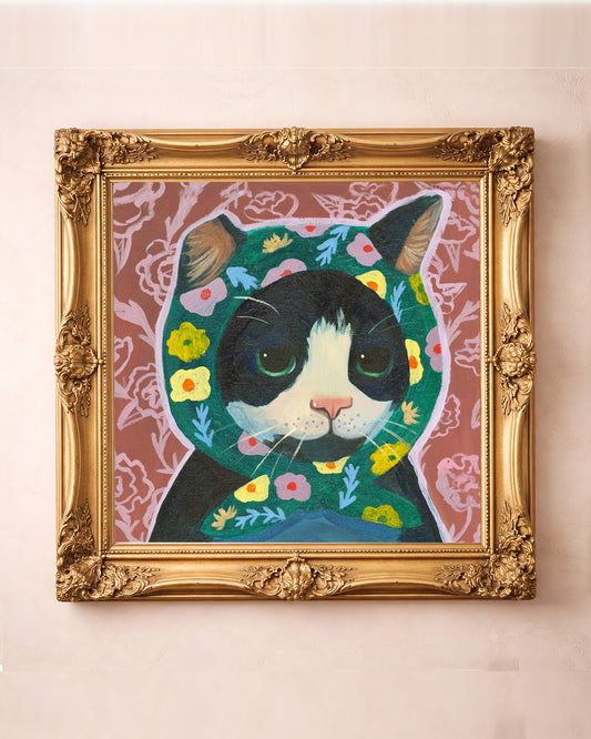 Cute cat art print by Caya Crum, Little Mama tuxedo cat in a floral headscarf, cottagecore cat wall art, hand-signed