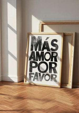 Mas Amor Por Favor typography print by Betsy Crum — neutral frame room mockup