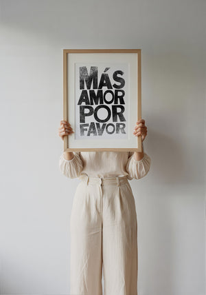 Mas Amor Por Favor typography print by Betsy Crum — framed with velvet mat