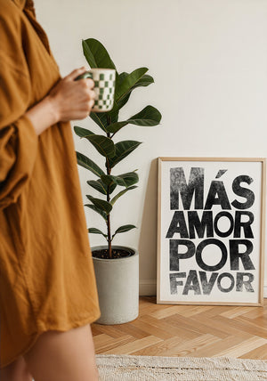 Mas Amor Por Favor typography print by Betsy Crum — framed with velvet mat