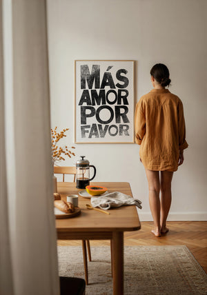 Mas Amor Por Favor typography print by Betsy Crum — framed with velvet mat