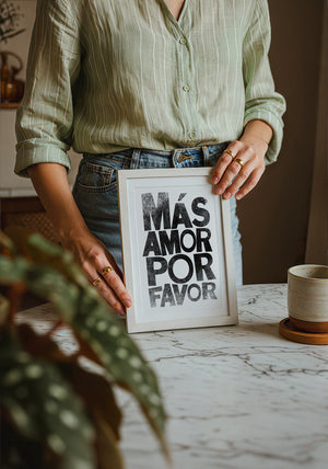 Mas Amor Por Favor typography print by Betsy Crum — neutral frame room mockup