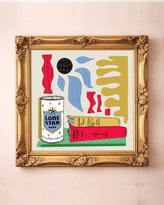 Lone Star beer and books Texas art print by Betsy Crum in a square gold frame
