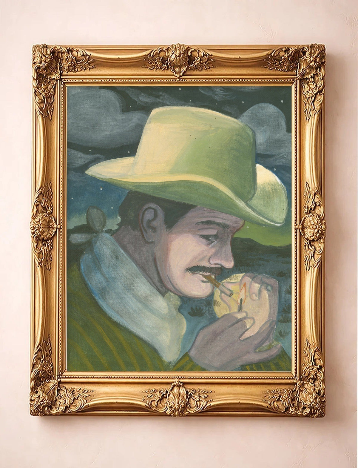 Midnight Smoker No. 1 — cowboy portrait art print by Caya Crum in a gold frame