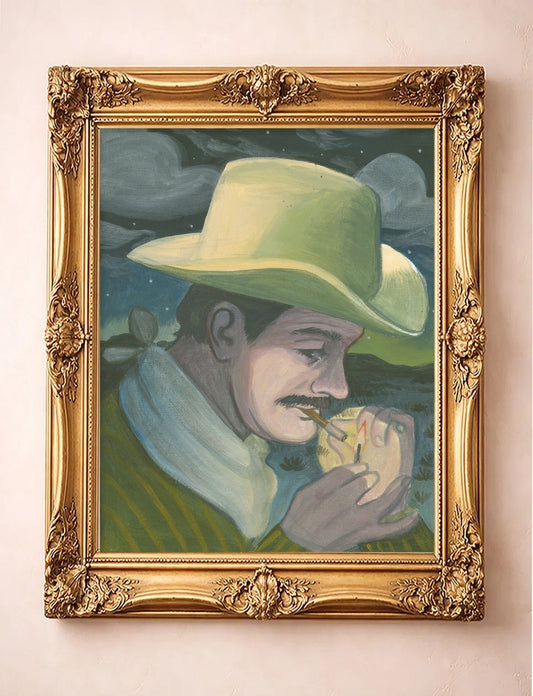 Midnight Smoker No. 1 — cowboy portrait art print by Caya Crum in a gold frame